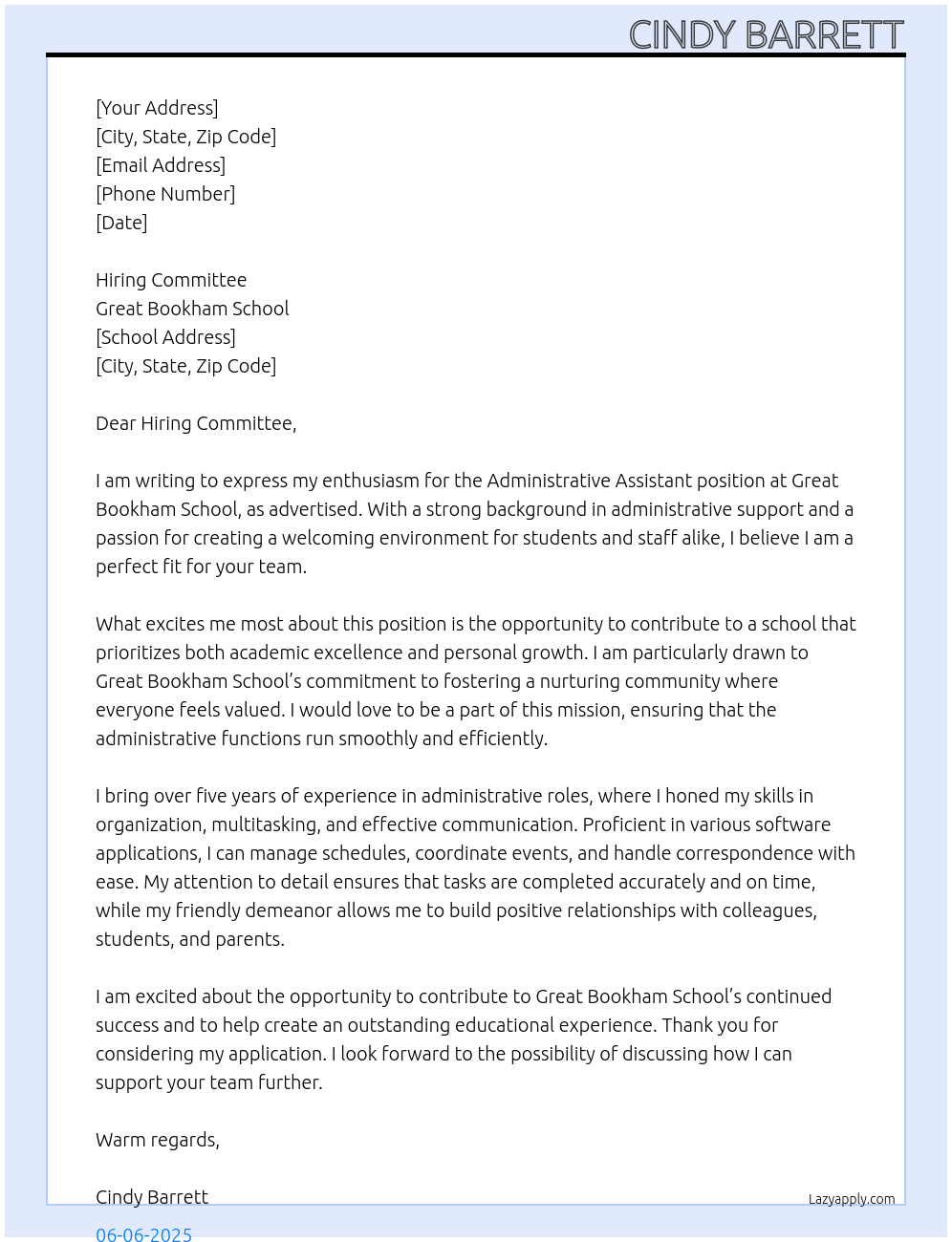 Administrative Assistant At Great Bookham School Cover Letter