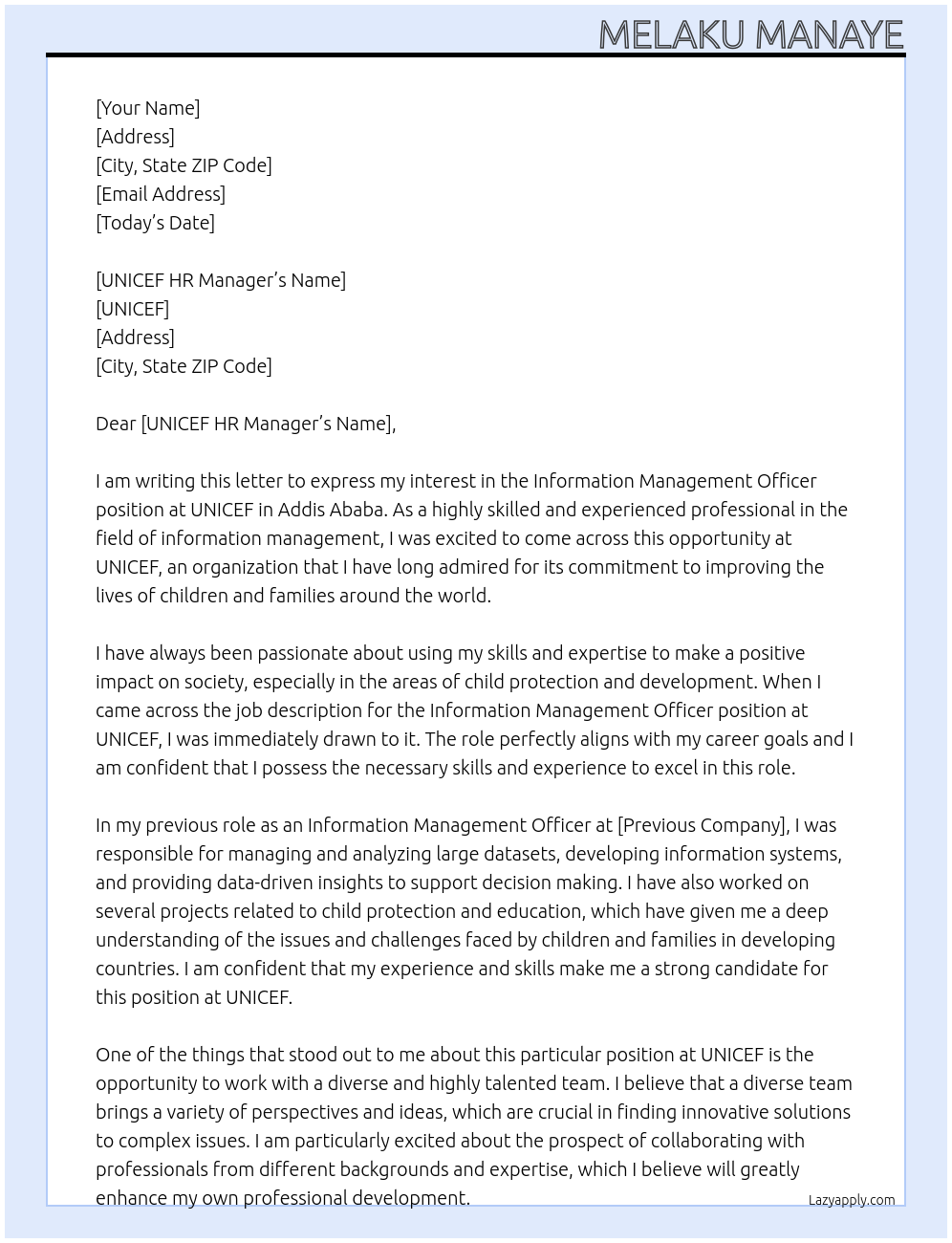 Information management officer At UNICEF Cover Letter