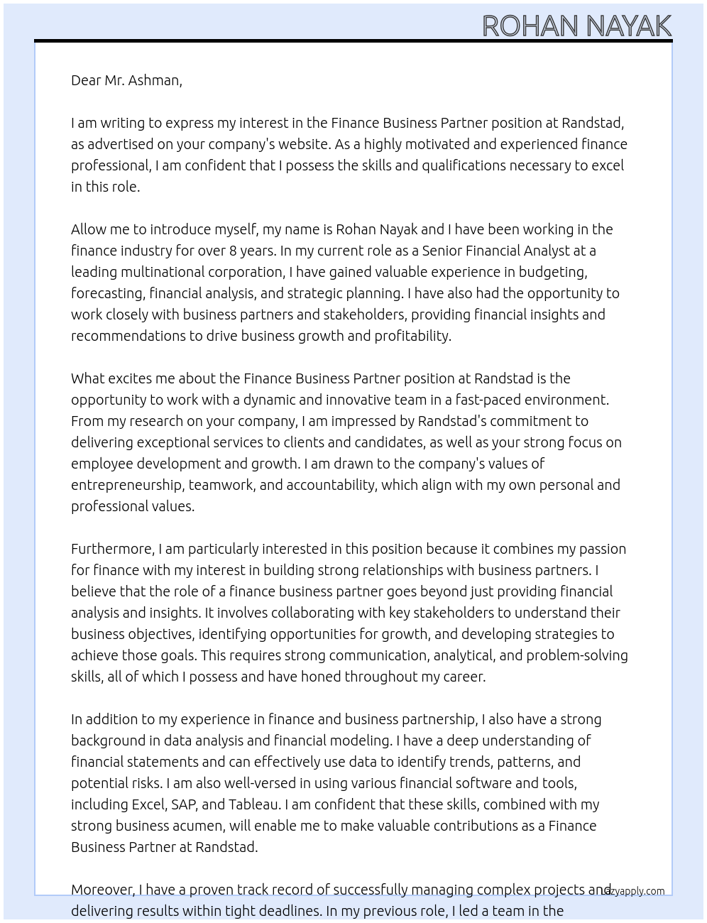 Finance Business Partner At Randstad Cover Letter