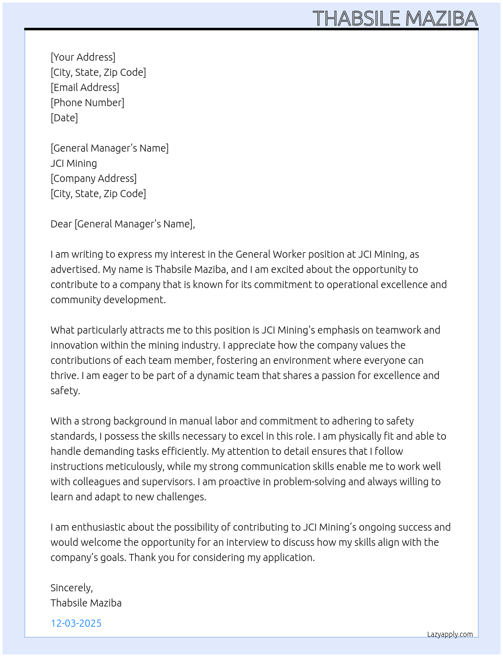 Cover letter for general worker - LazyApply