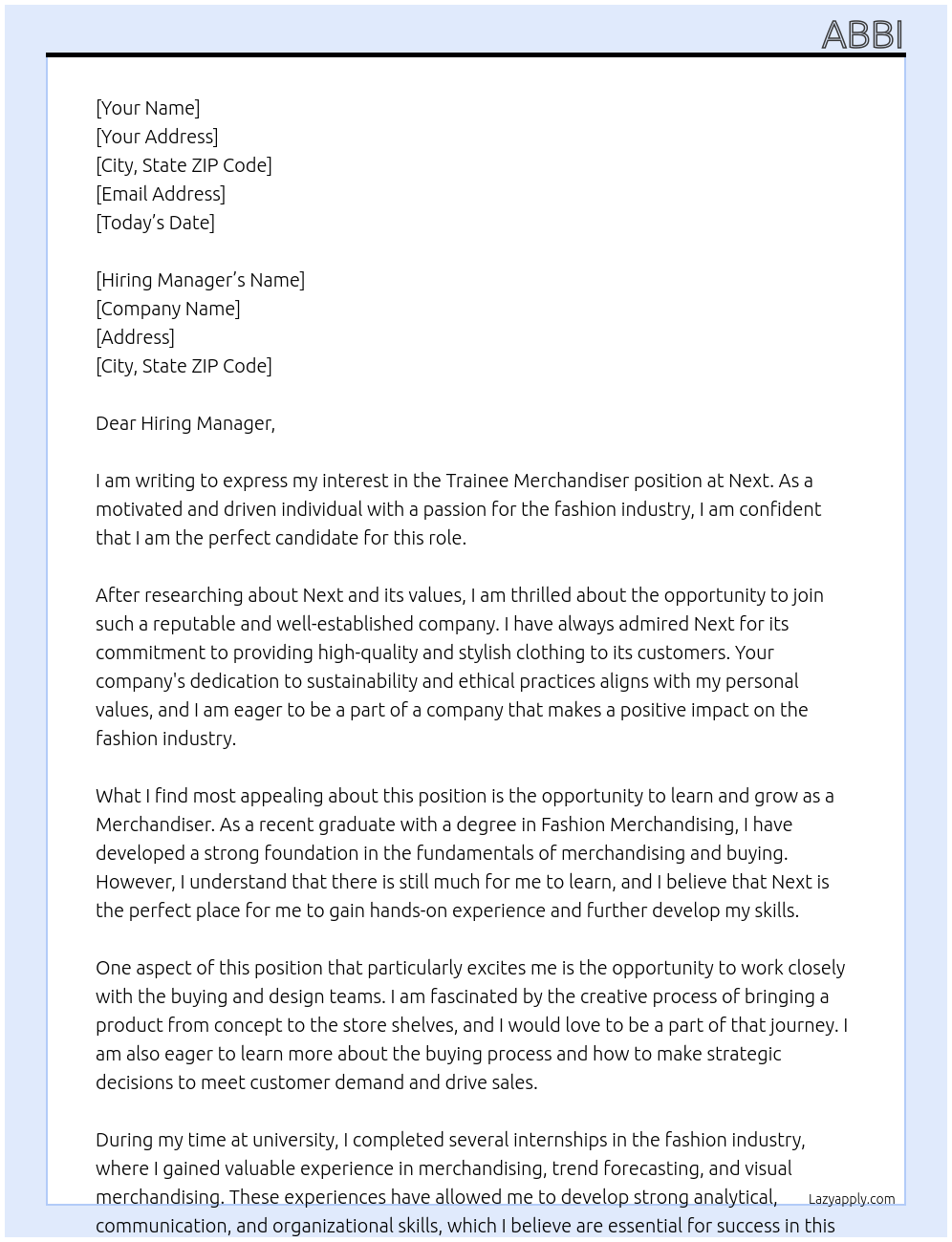 Trainee Merchandiser At Next Cover Letter