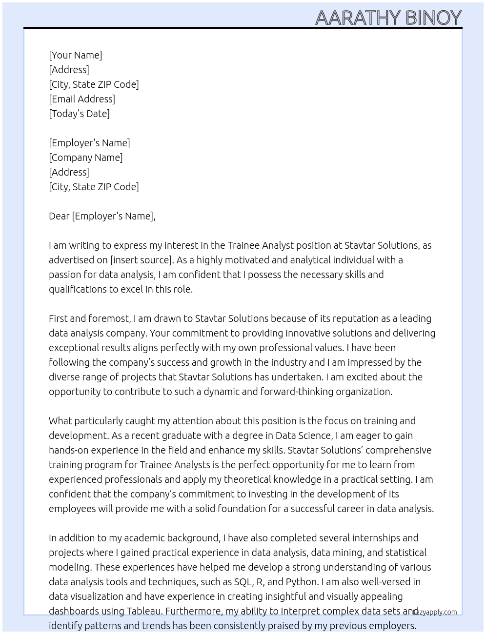 Trainee analyst At Stavtar Solutions Cover Letter