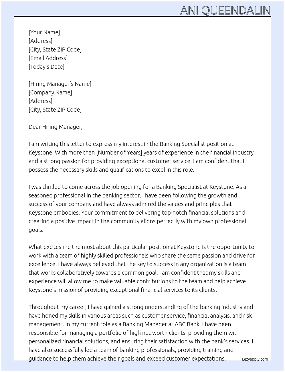 Banking specialist  At Keystone Cover Letter