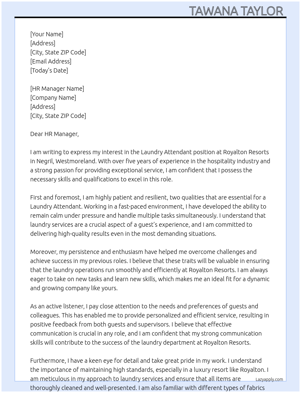 laundry Attendant  At Royalton Resorts Cover Letter