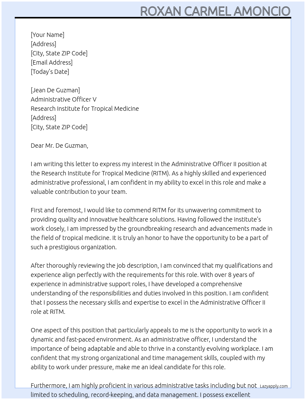 ADMINISTRATIVE OFFICER II At RESEARCH INSTITUTE FOR TROPICAL MEDICINE Cover Letter