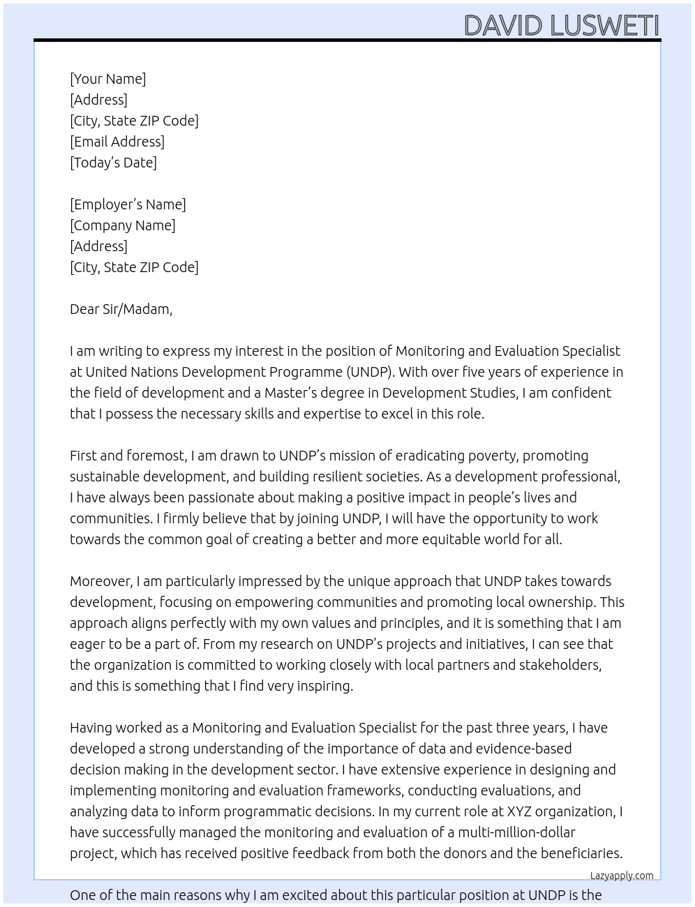 Monitoring and Evaluation Specialist At United Nations Development Programme Cover Letter