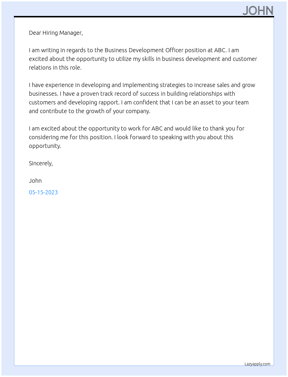 business development officer At abc Cover Letter