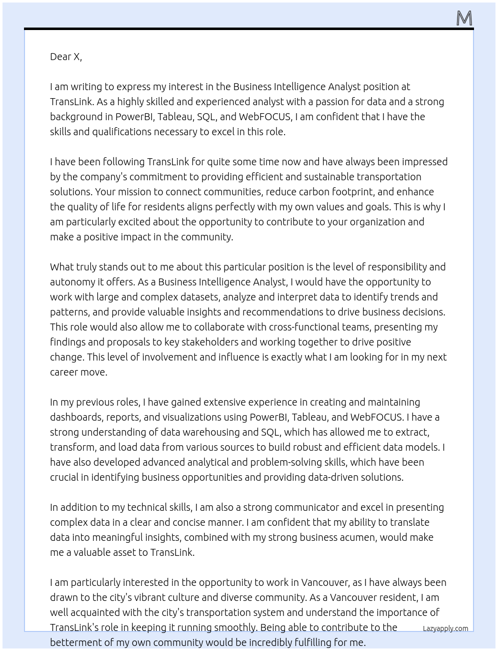 Business Intelligence Analyst At TransLink Cover Letter