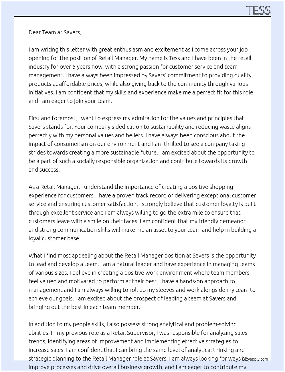 Retail Manager At Savers Cover Letter