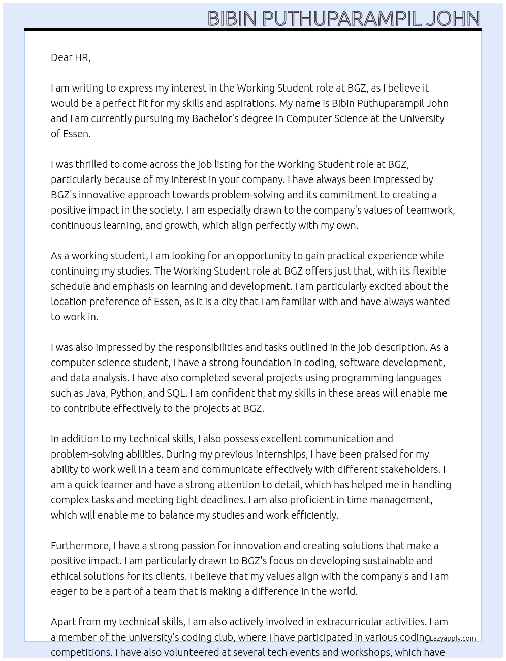 working student At bgz Cover Letter