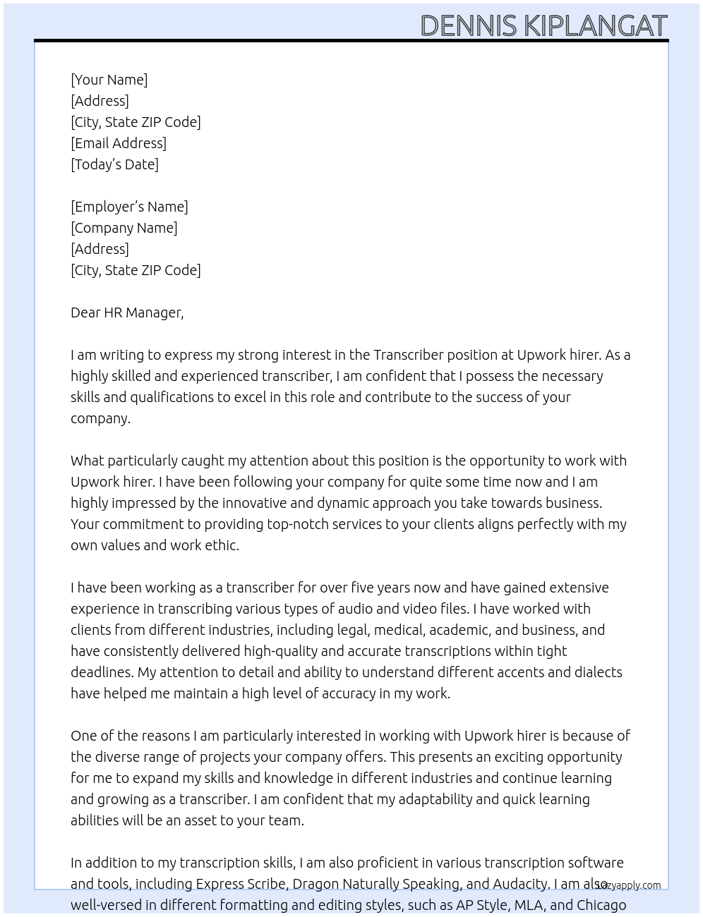 Transcriber At Upwork hirer Cover Letter