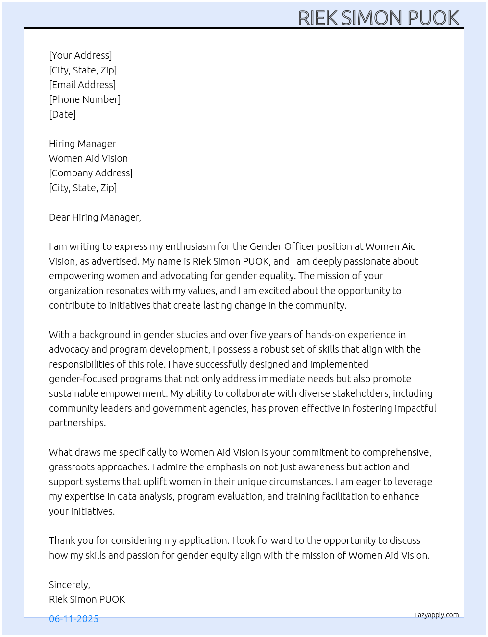 gender officer  At Women Aid Vision  Cover Letter