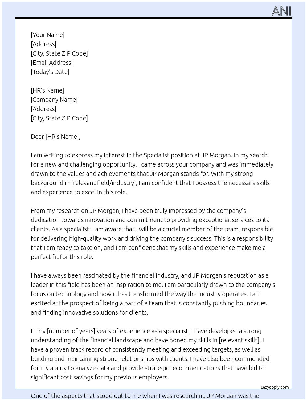 specialist At jp mogan Cover Letter