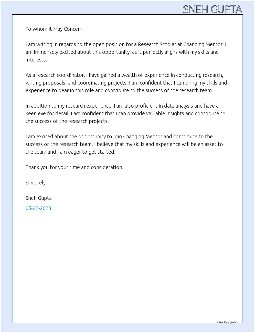 RESEARCH SCHOLAR At CHANGING MENTOR Cover Letter