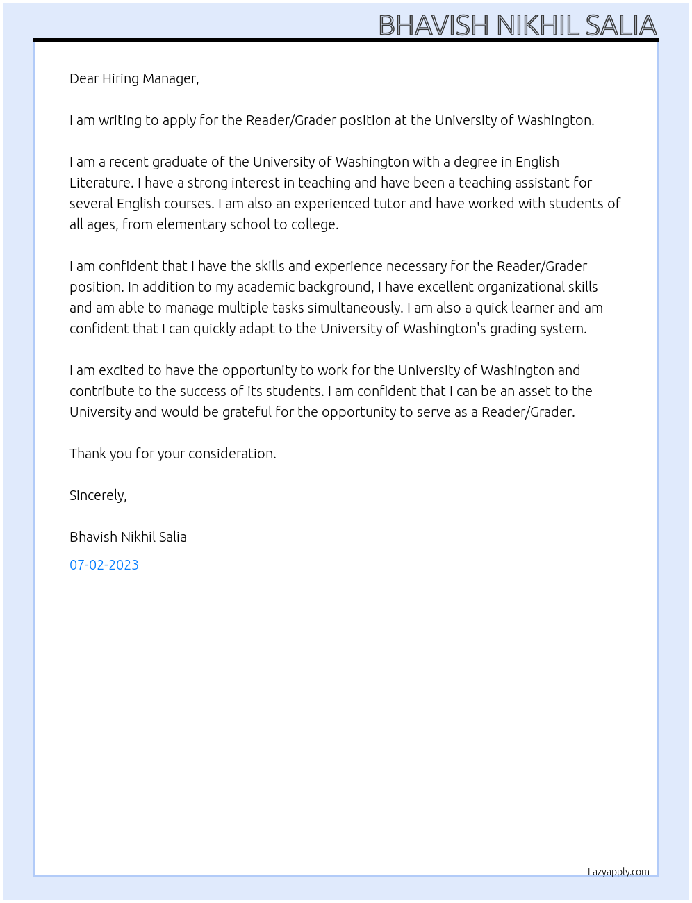 Reader/Grader At University of Washington Cover Letter