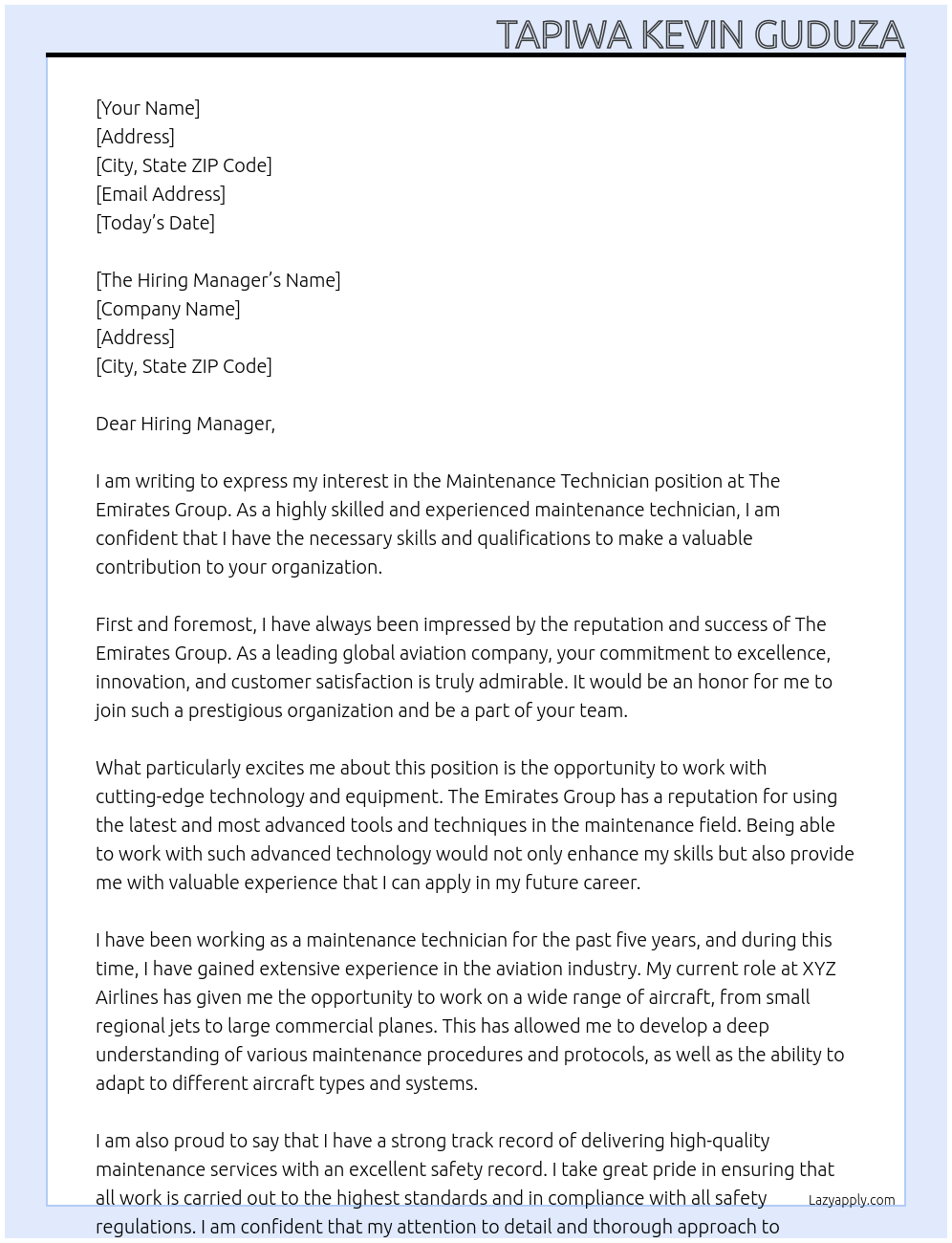 Maintenance technician At The Emirates Group Cover Letter