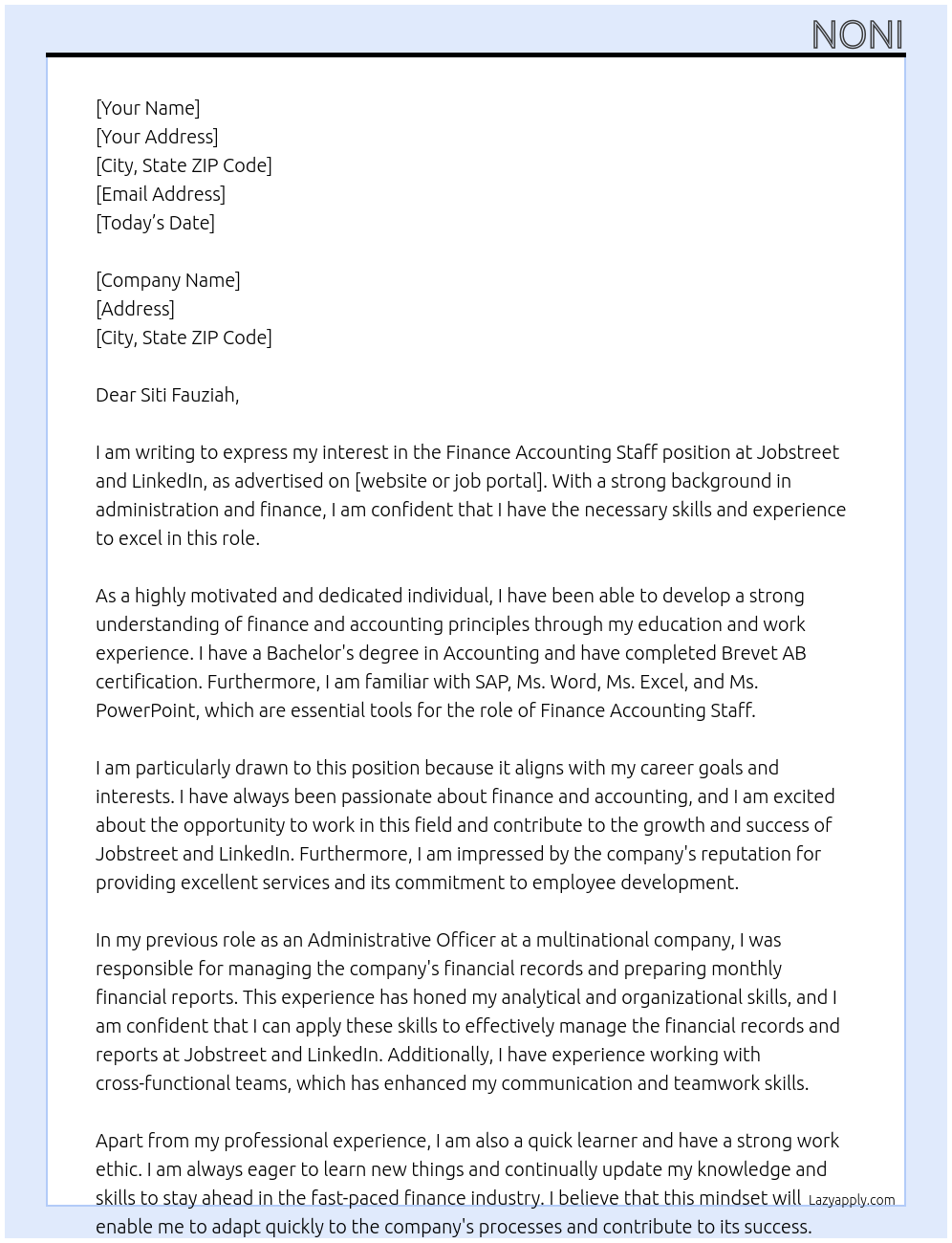 FINANCE ACCONTING STAFF At Jobstreet, LinkedIn Cover Letter