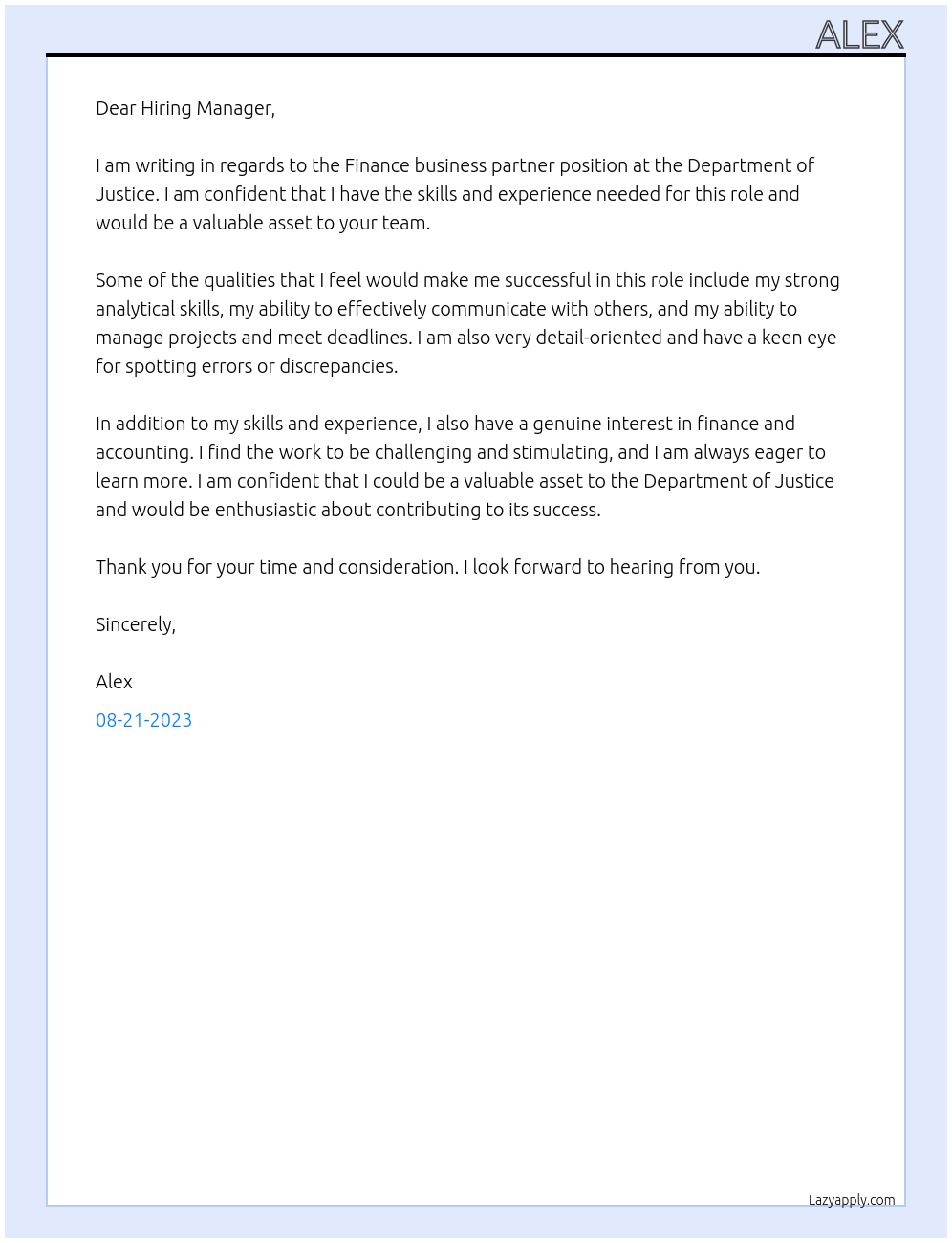 Finance business partner At Department of Justice Cover Letter