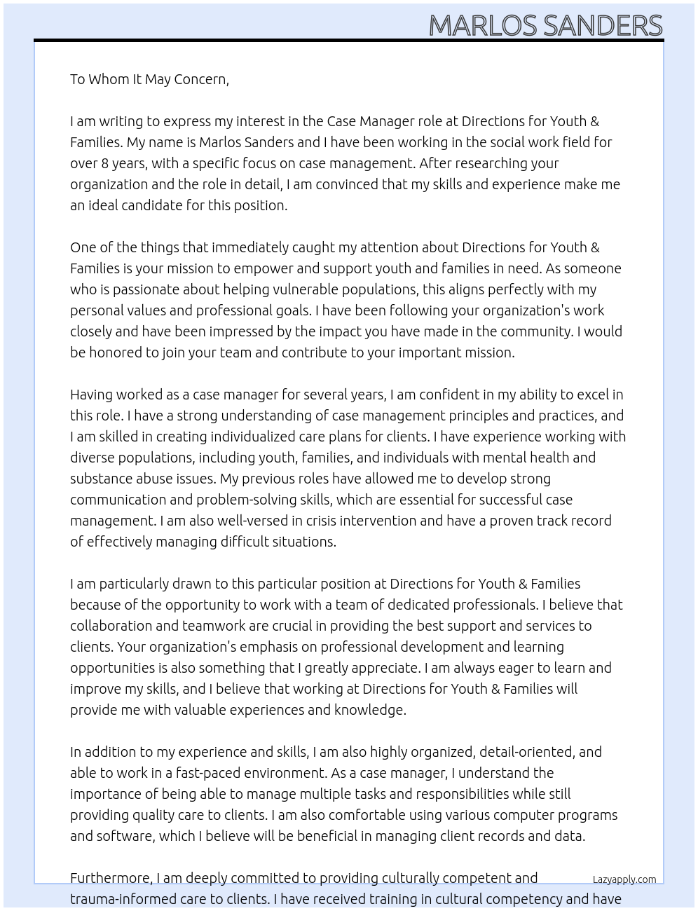 Case Manager At Directions for Youth & Families Cover Letter