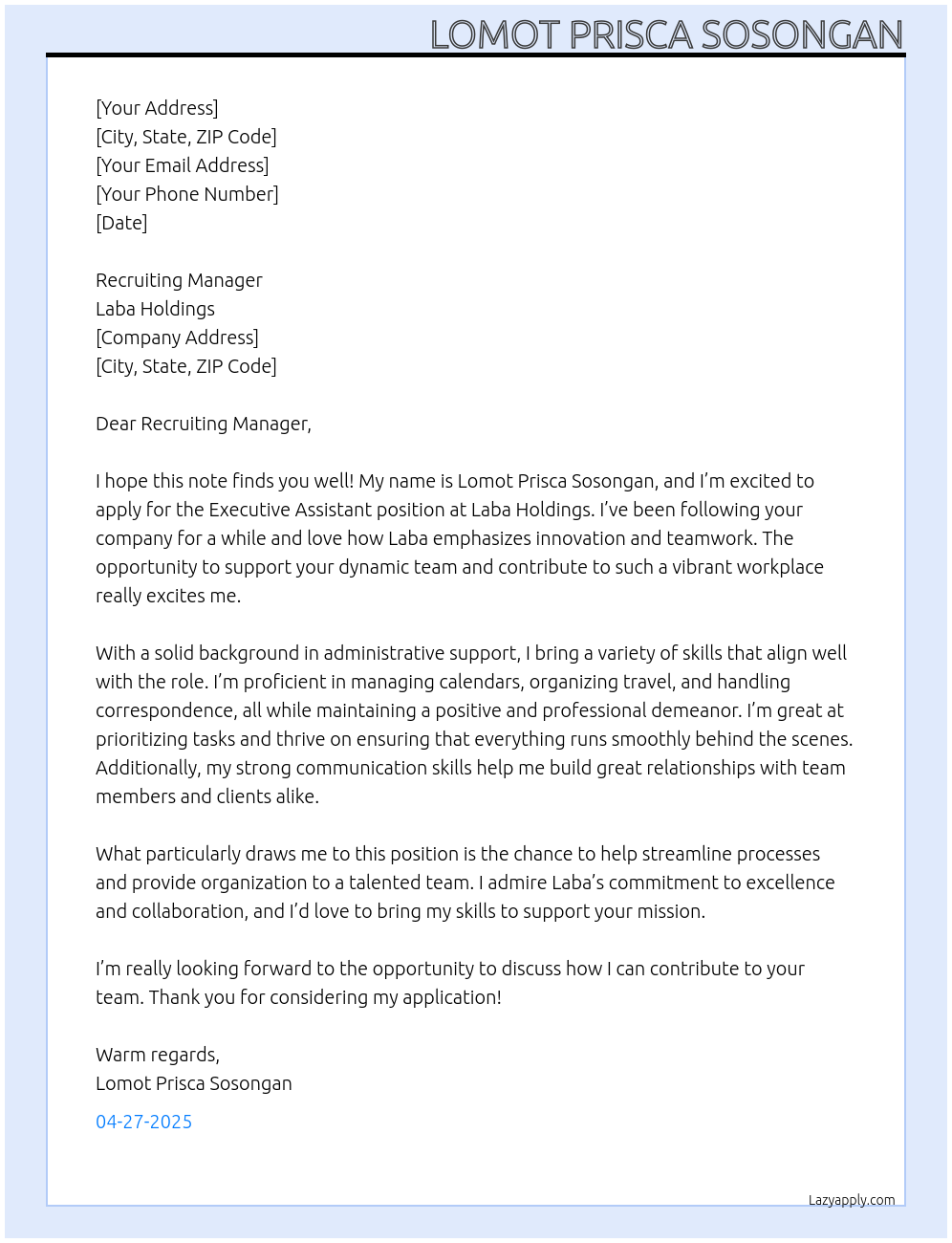 Executive Assistant At Laba Holdings Cover Letter