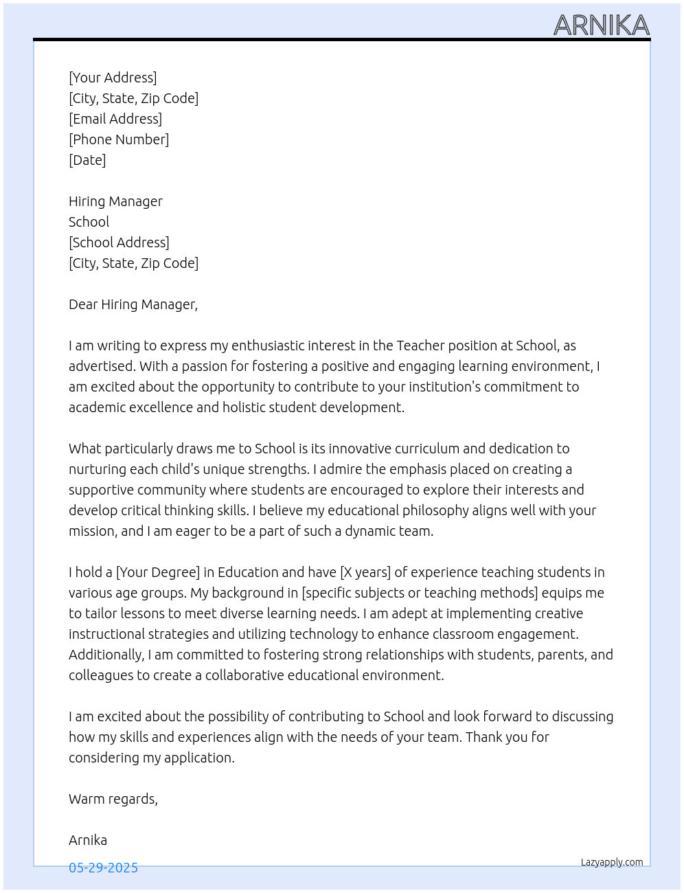 Teacher At School Cover Letter