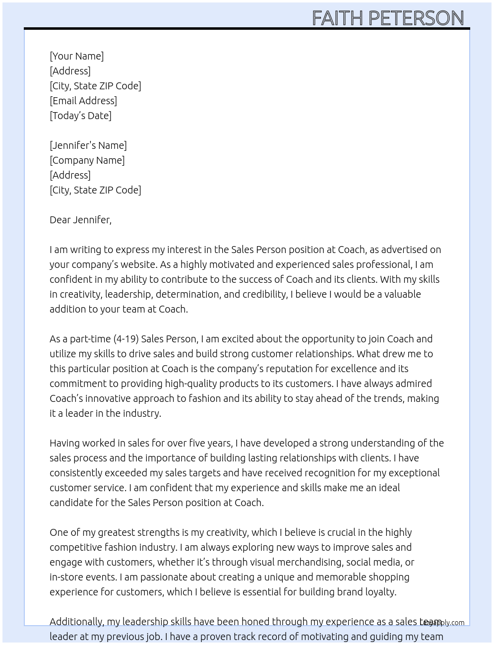 Sales person At Coach Cover Letter