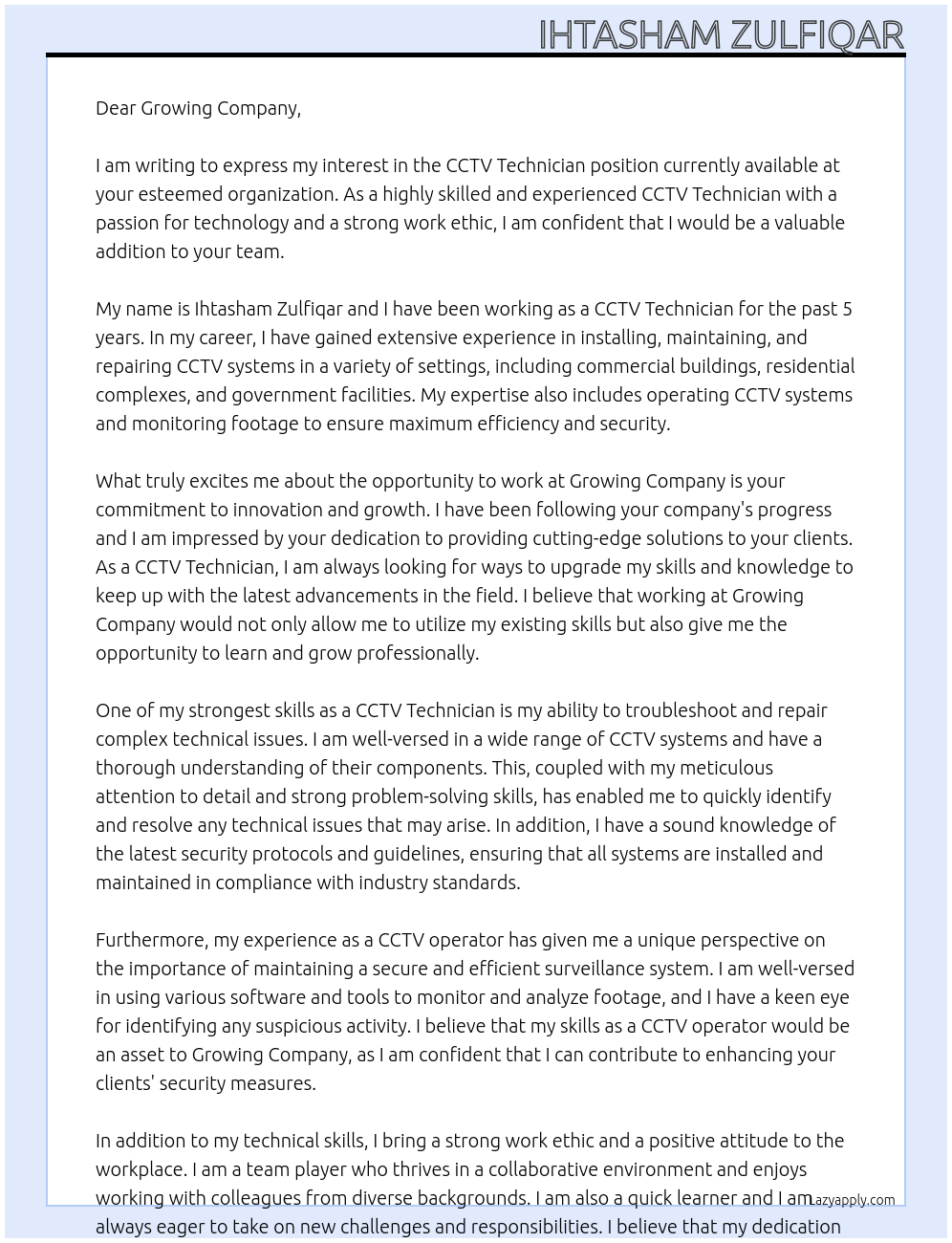 Cctv technician  At Growing  Cover Letter