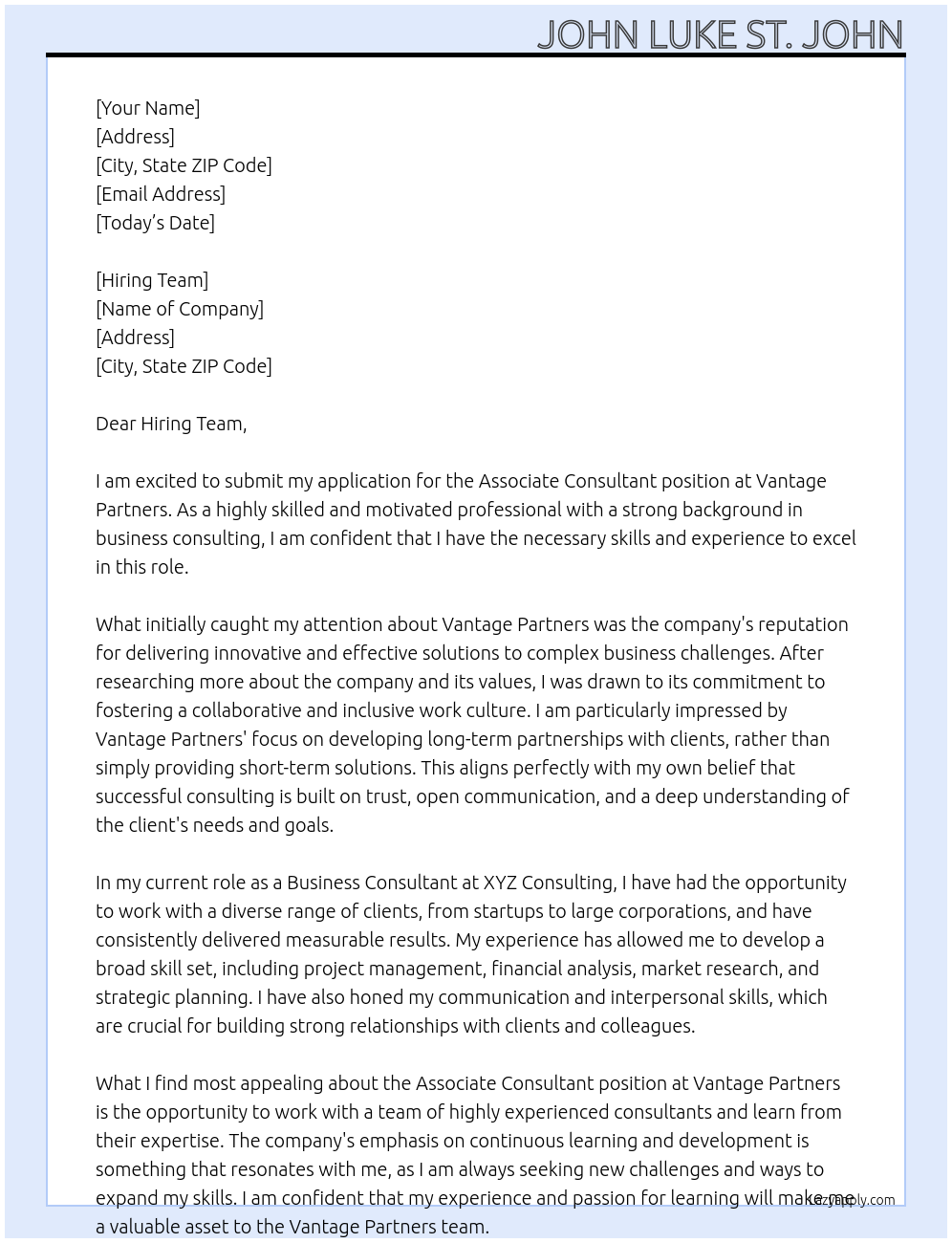 Associate Consultant At Vantage Partners Cover Letter