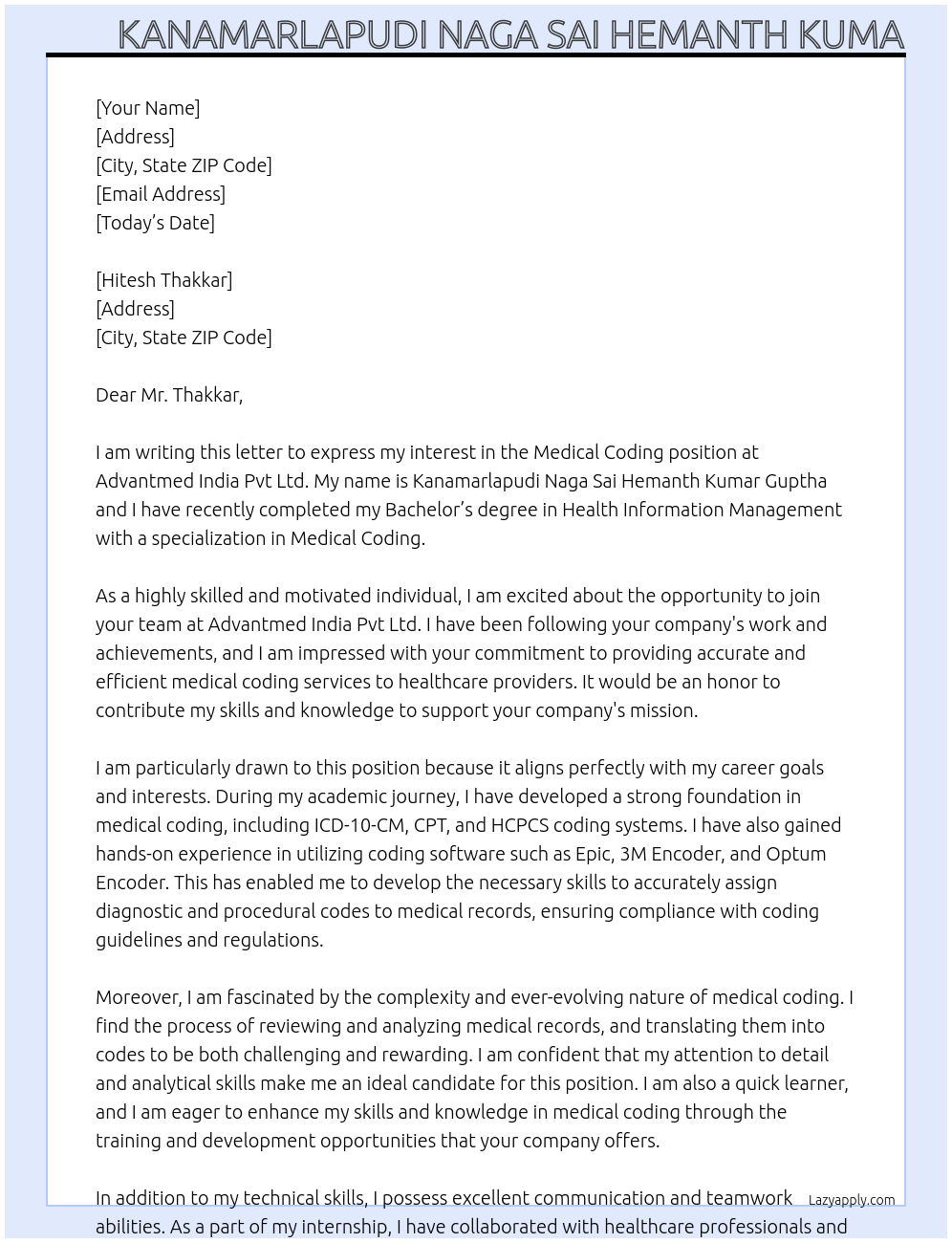 MEDICAL CODING At ADVANTMED INDIA PVT LTD Cover Letter