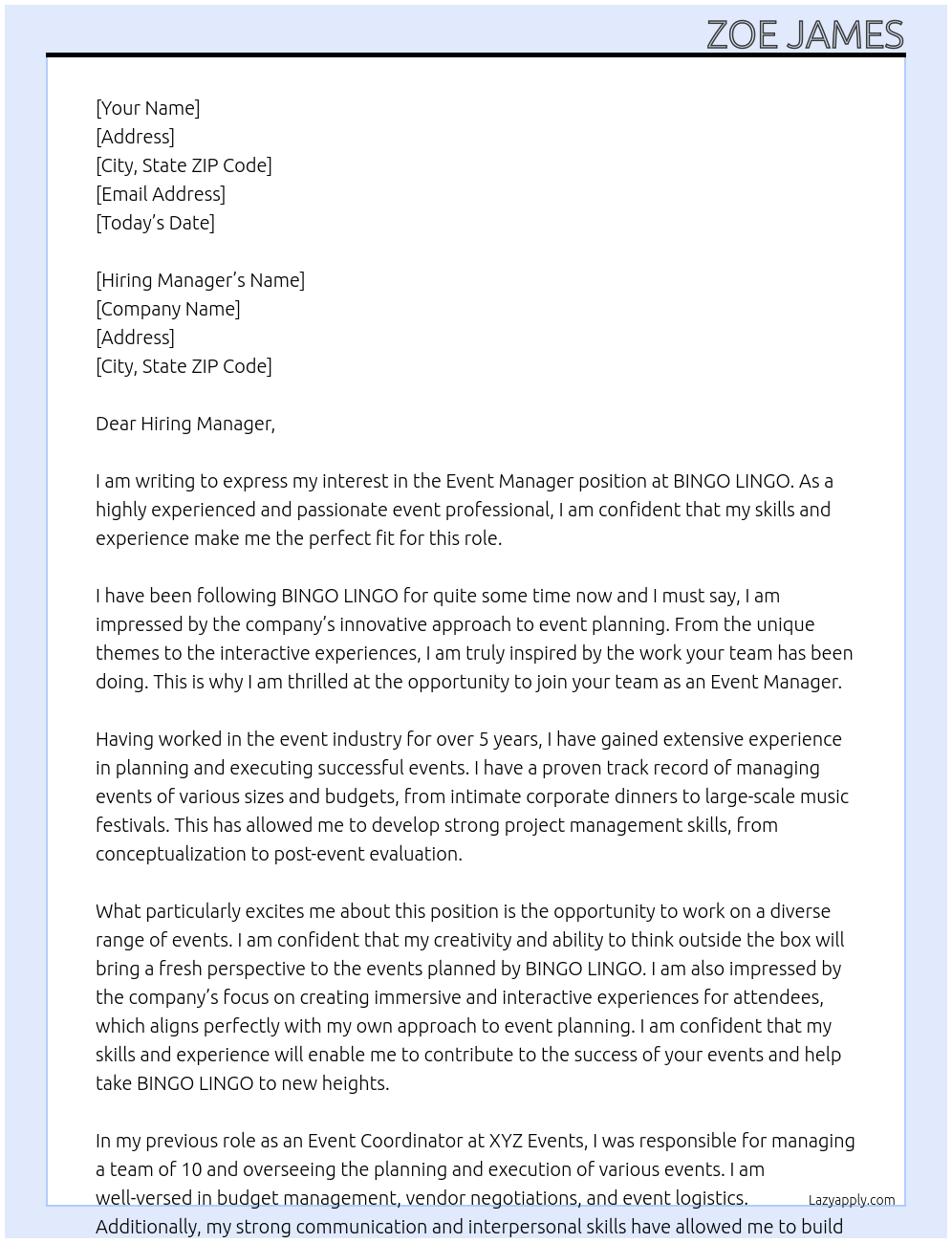 Event Manager At BINGO LINGO Cover Letter