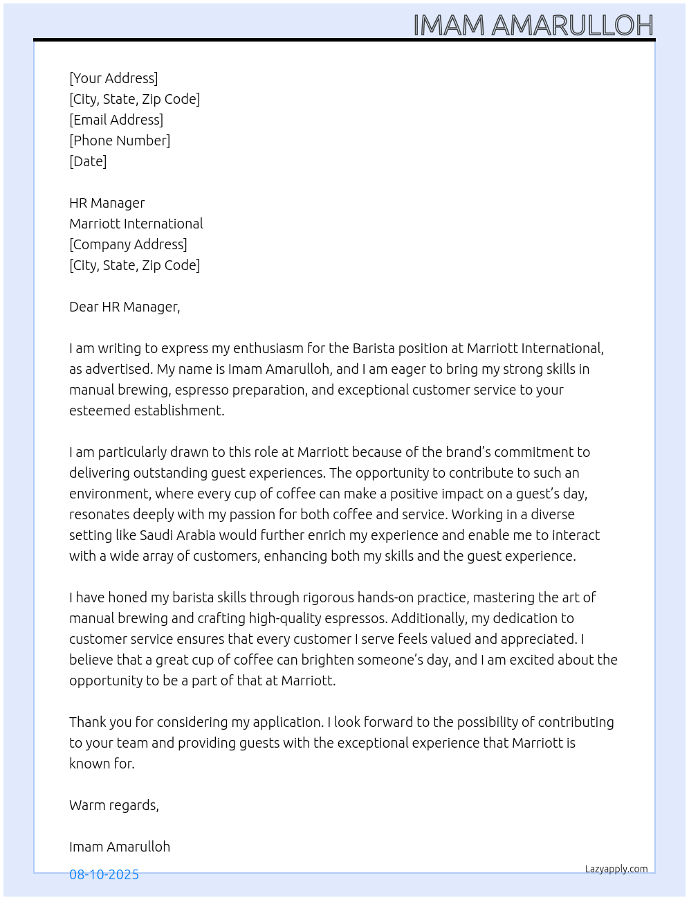 Barista At Marriott International Cover Letter