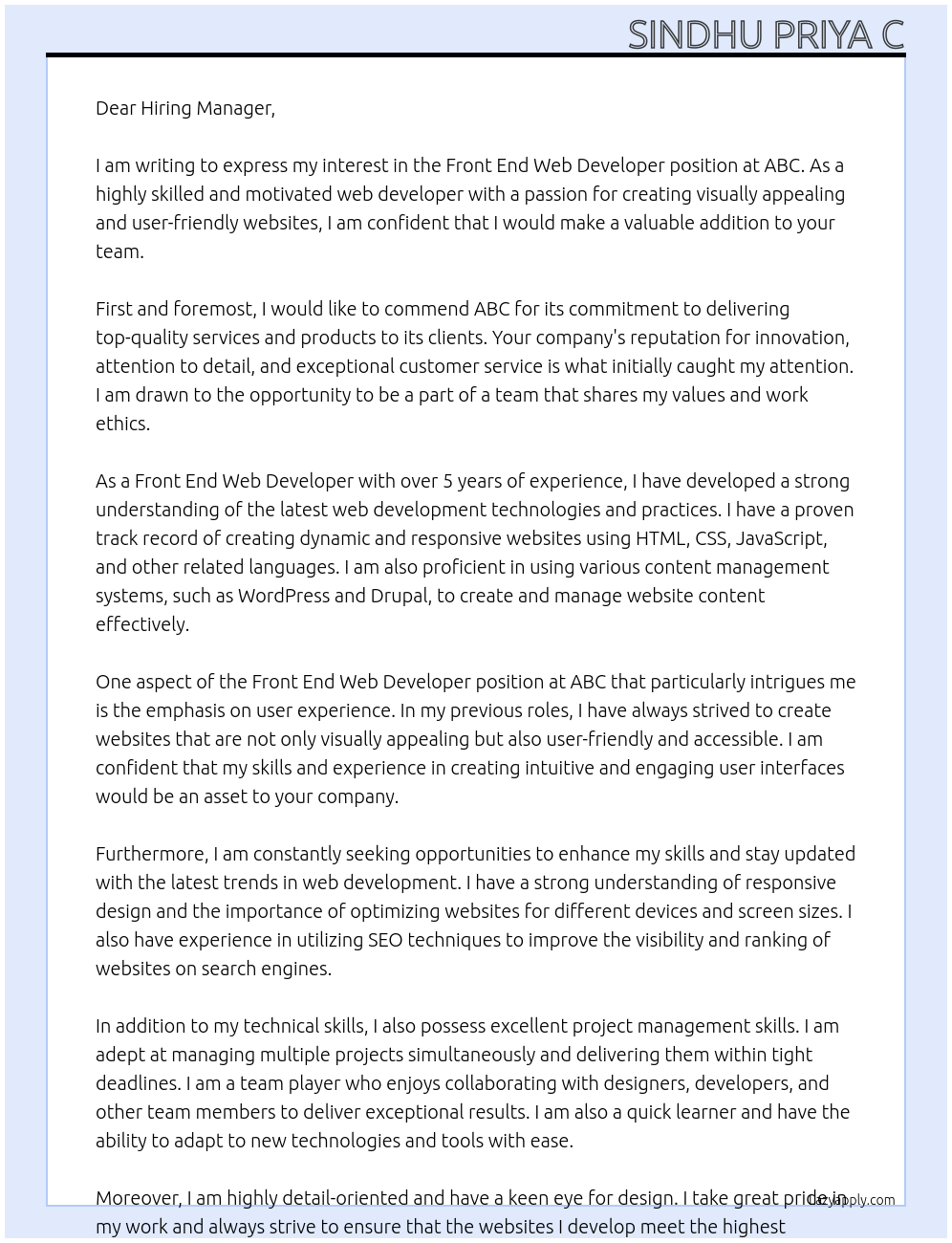 Front end web developer At abc Cover Letter