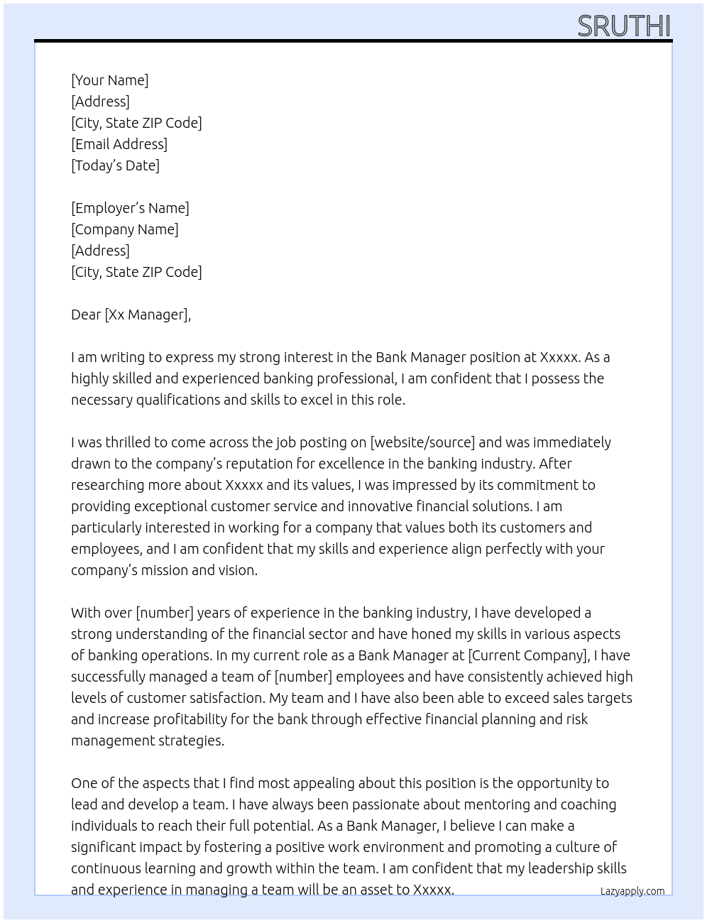 Bank manager At Xxxxx Cover Letter