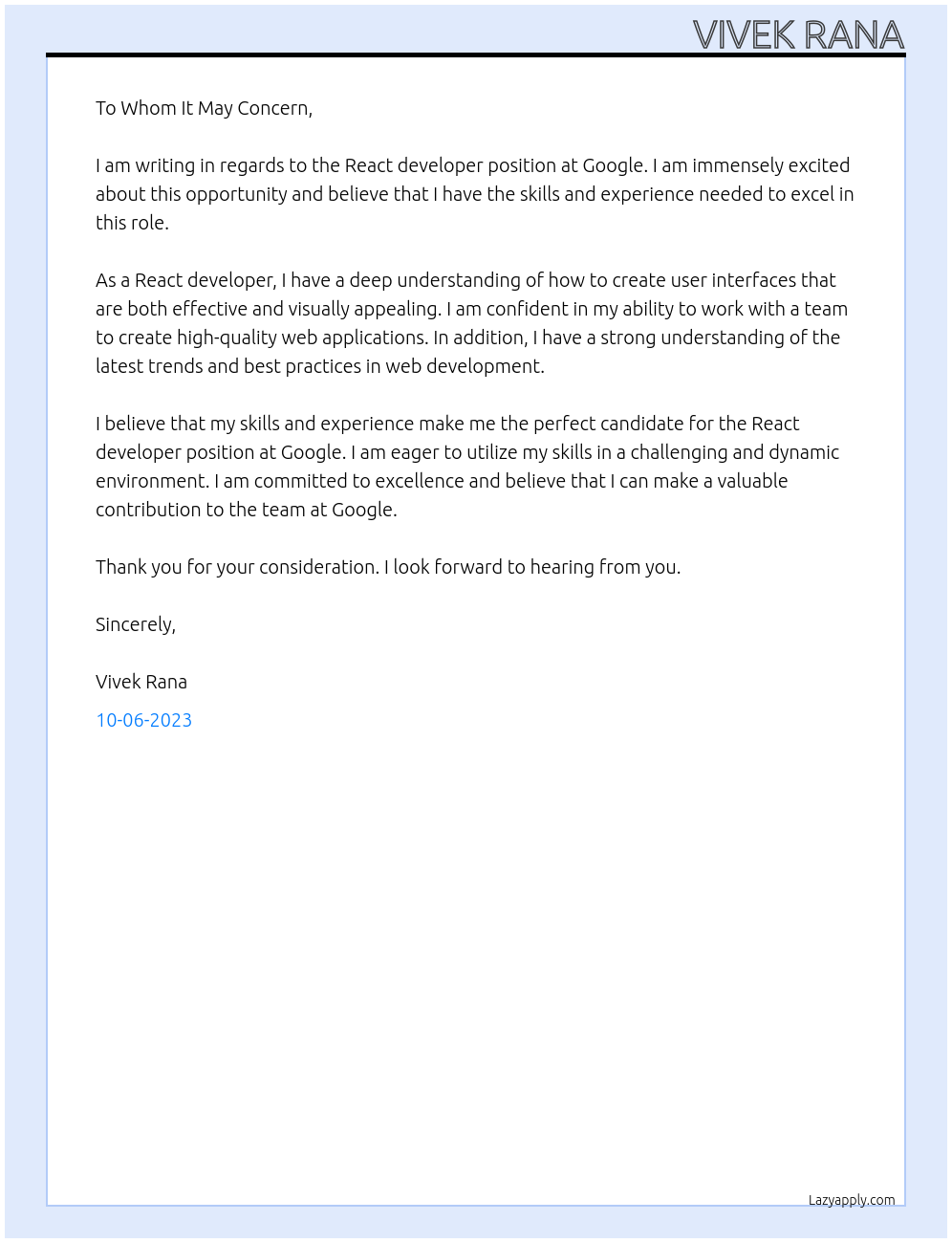 React developer At google Cover Letter