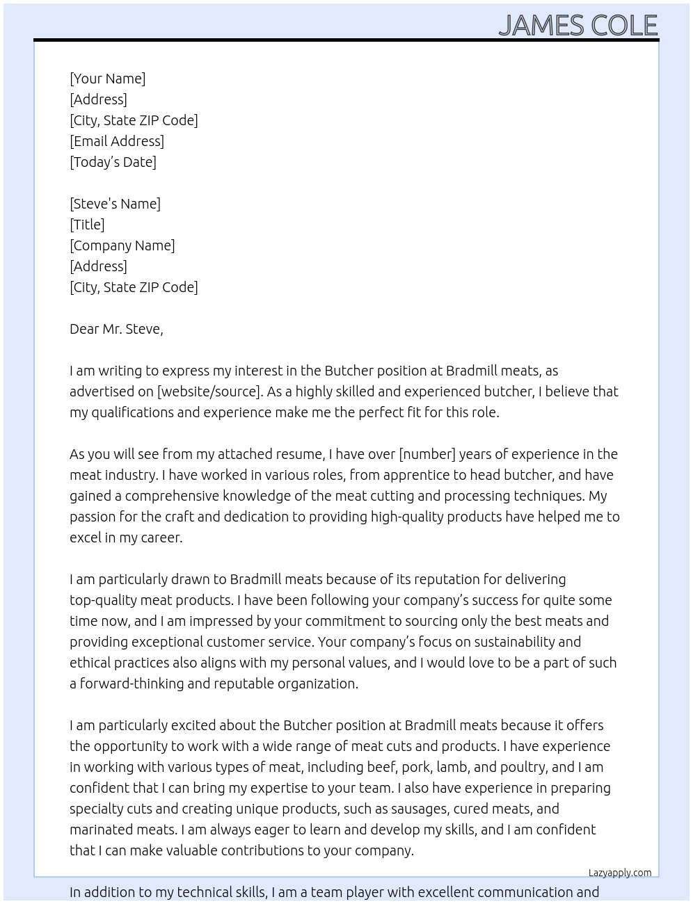 Butcher At Bradmill meats Cover Letter