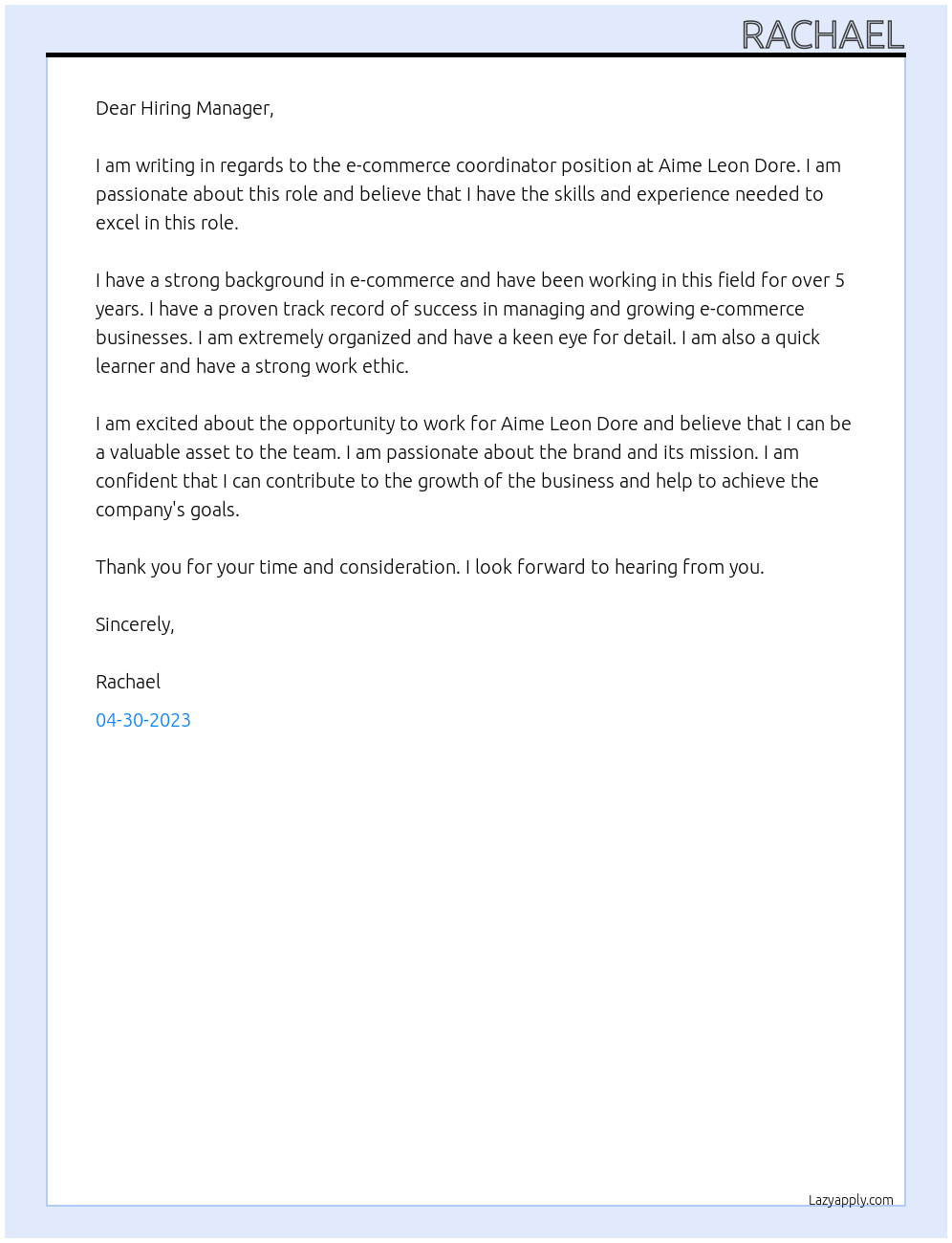 e-commerce coordinator At Aime Leon Dore Cover Letter
