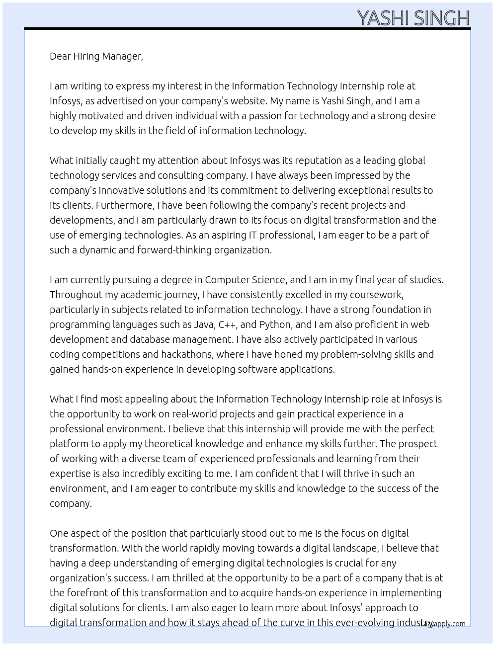 Information Technology At Infosys Cover Letter