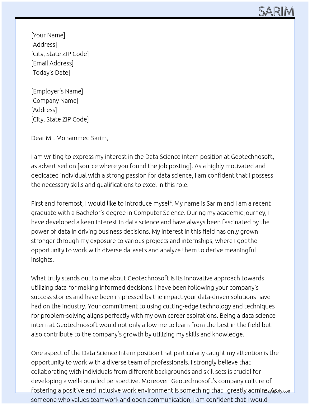Data Science Intern At geotechnosoft Cover Letter