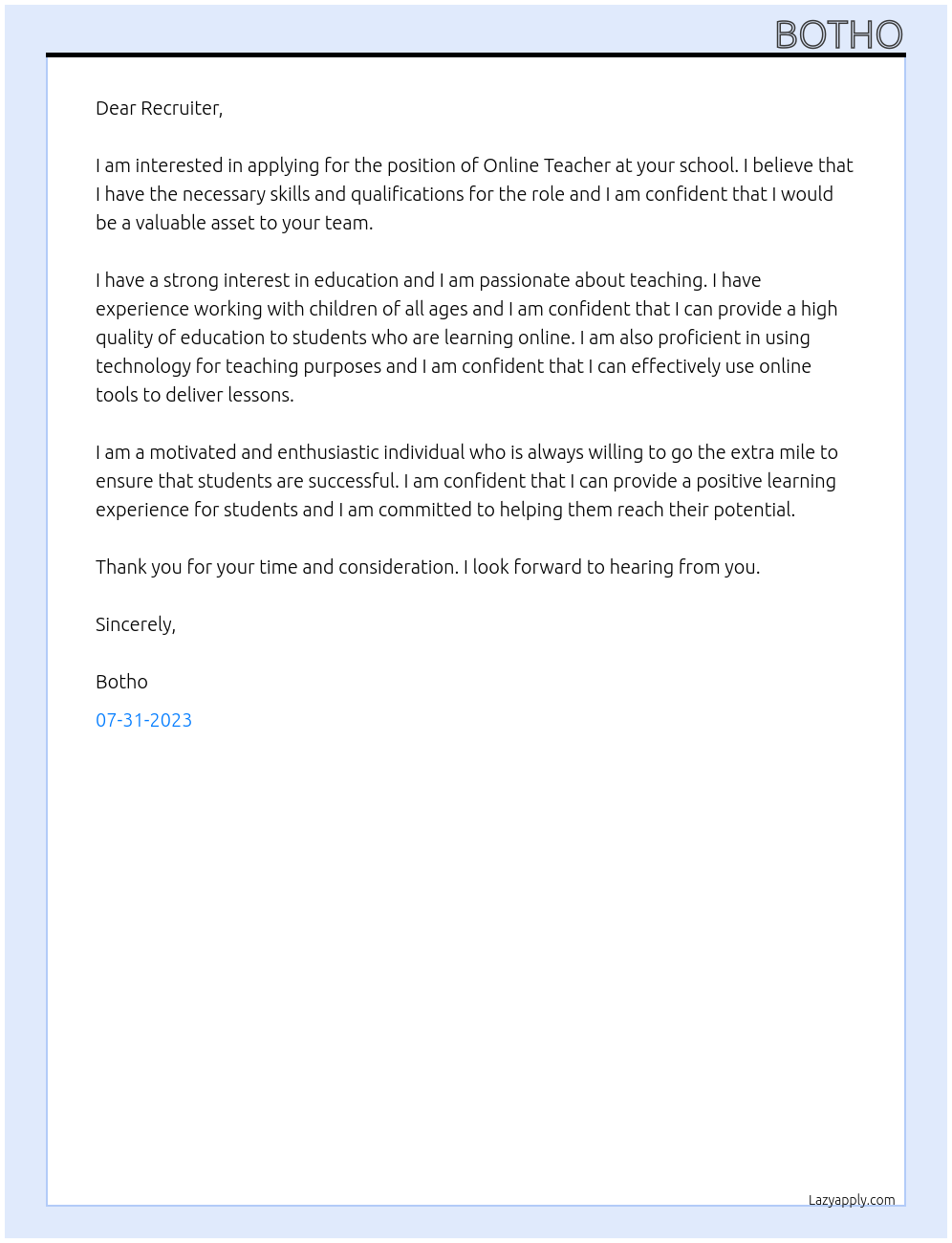 Online teacher  At School  Cover Letter