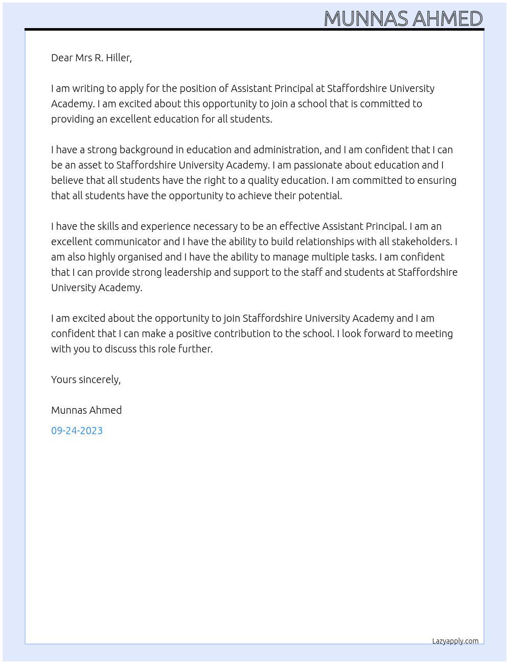 Assistant Principal At Staffordshire University Academy Cover Letter