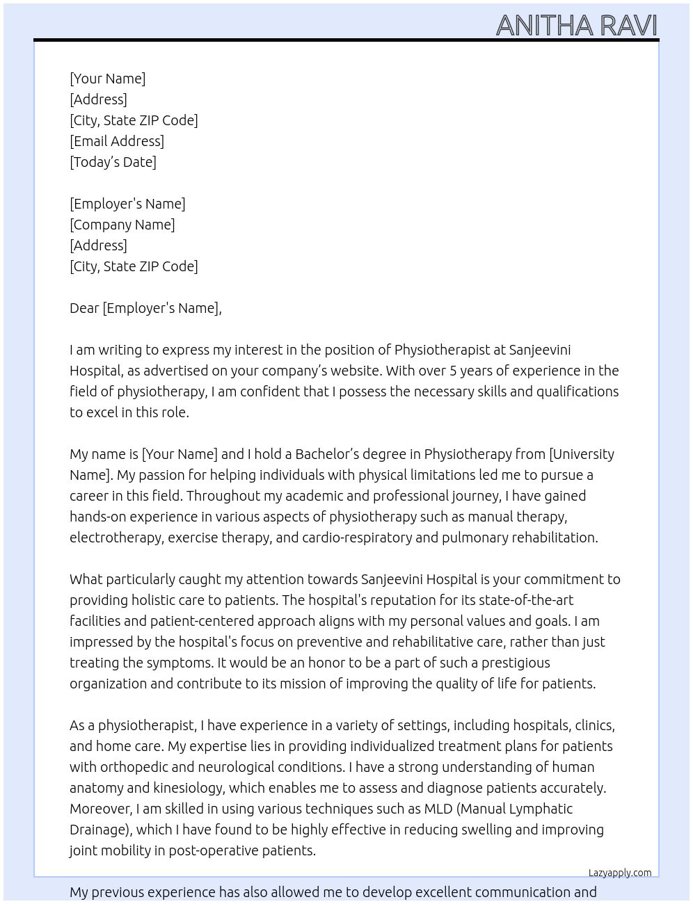 Physiotherapist At Sanjeevini hospital Cover Letter