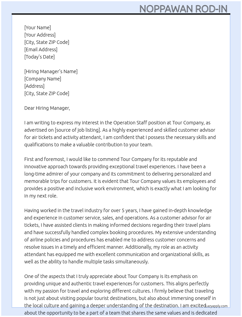 Operation Staff At Tour company  Cover Letter