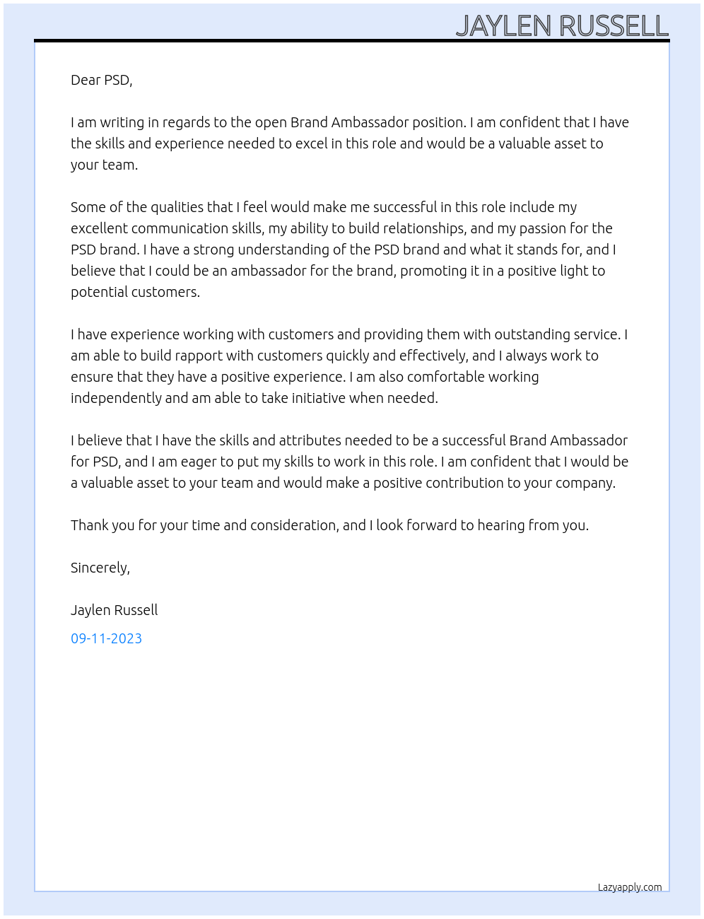 Brand ambassador  At PSD Cover Letter