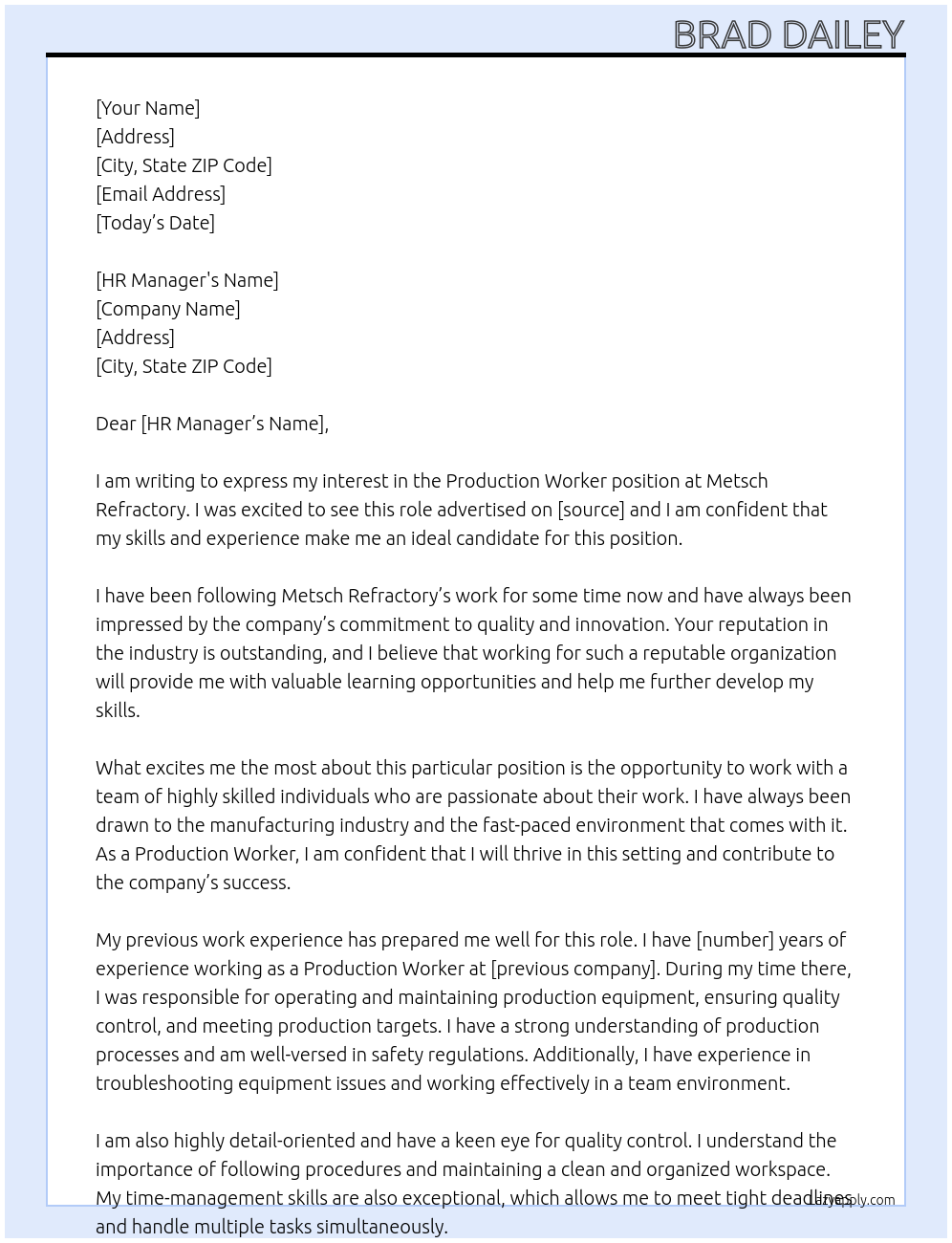 Production worker At Metsch refractory Cover Letter