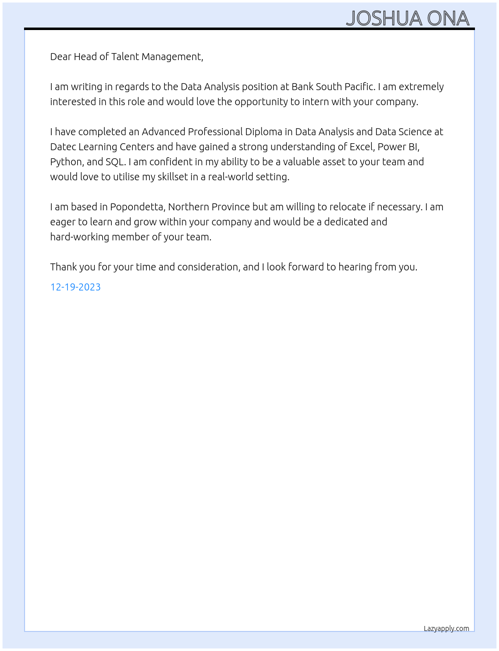 Data Analysis At Bank South Pacific Cover Letter