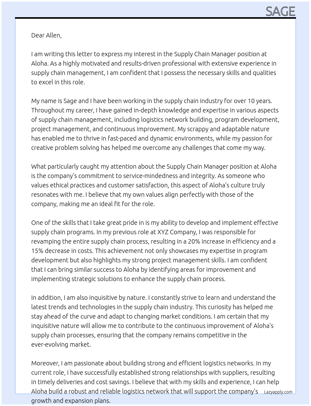 Supply Chain Manager At Aloha Cover Letter