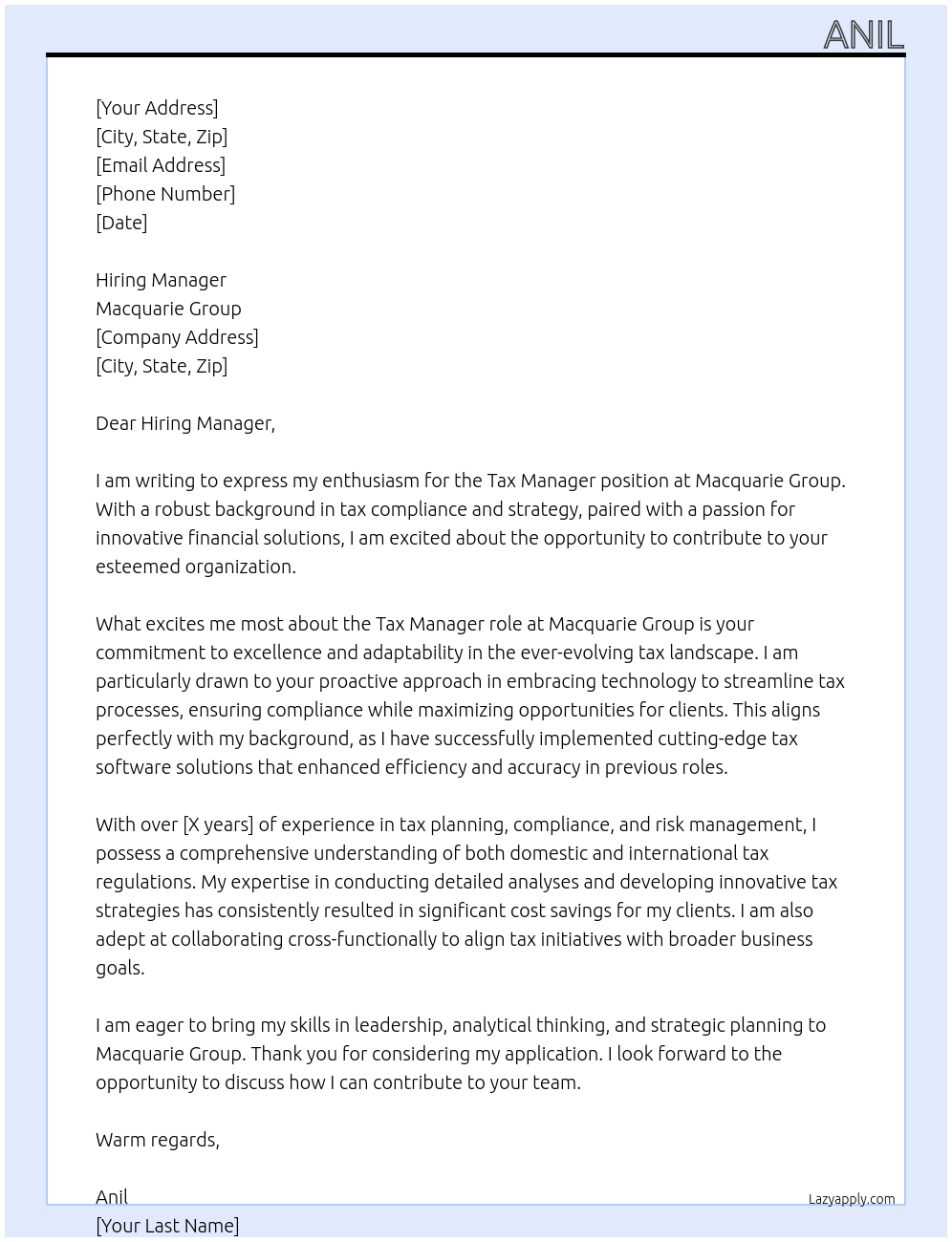 Tax Manager At Macquarie group Cover Letter