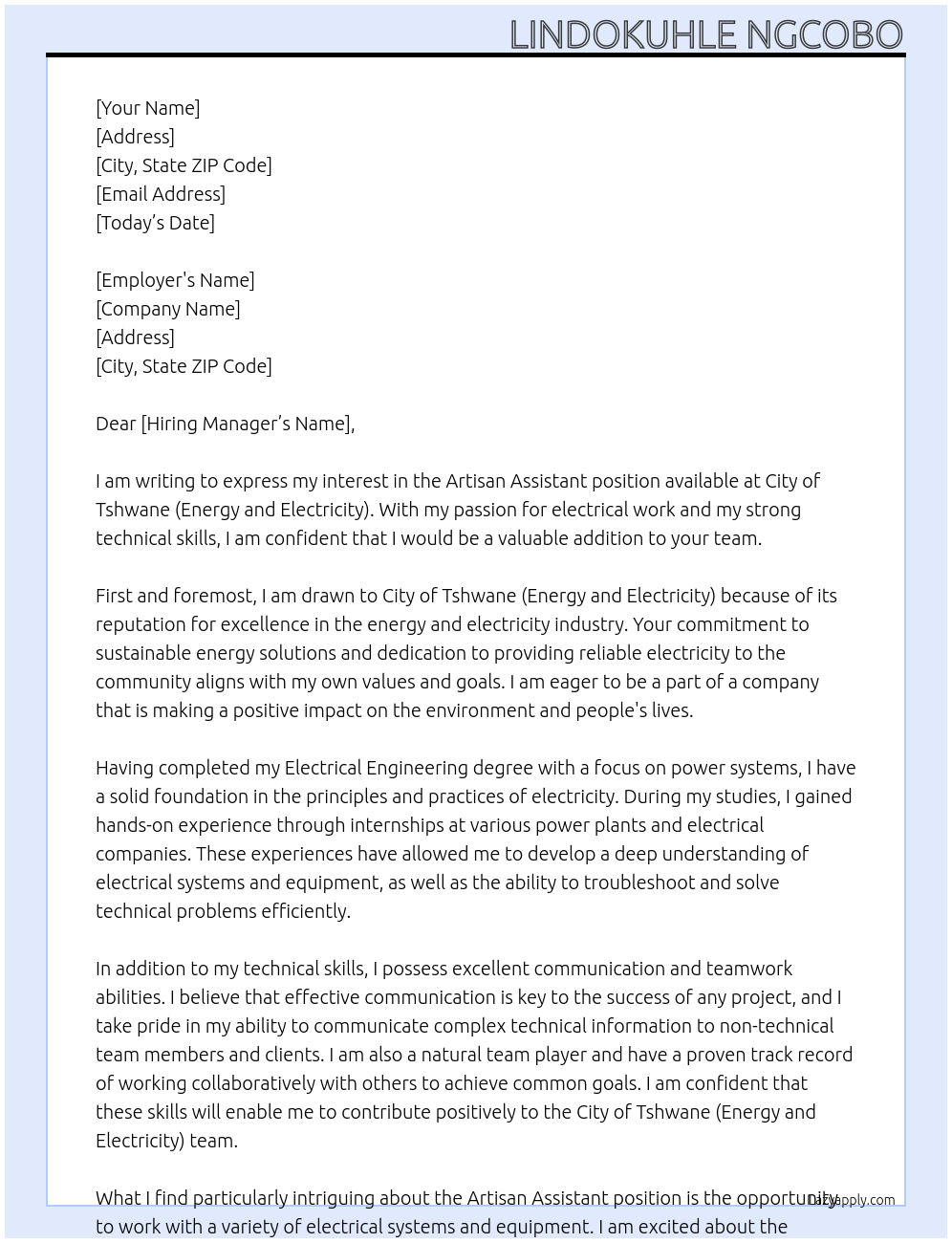 artisan assistant At City of Tshwane( Energy and Electricity) Cover Letter