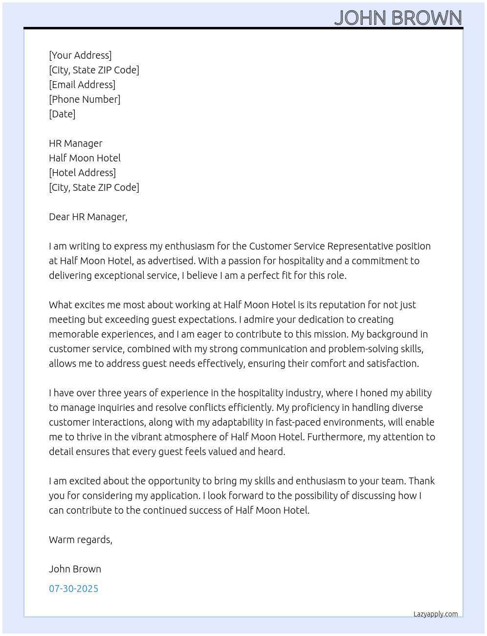 CUSTOMER SERVICE REPRESENTATIVE At Half moon hotel Cover Letter