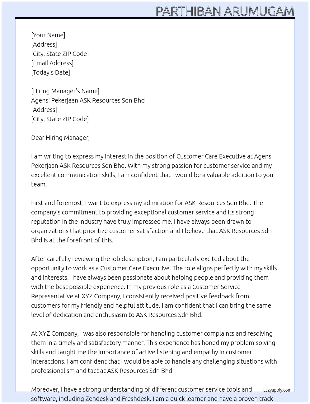 Customer Care Executive At Agensi Pekerjaan ASK Resources Sdn Bhd Cover Letter